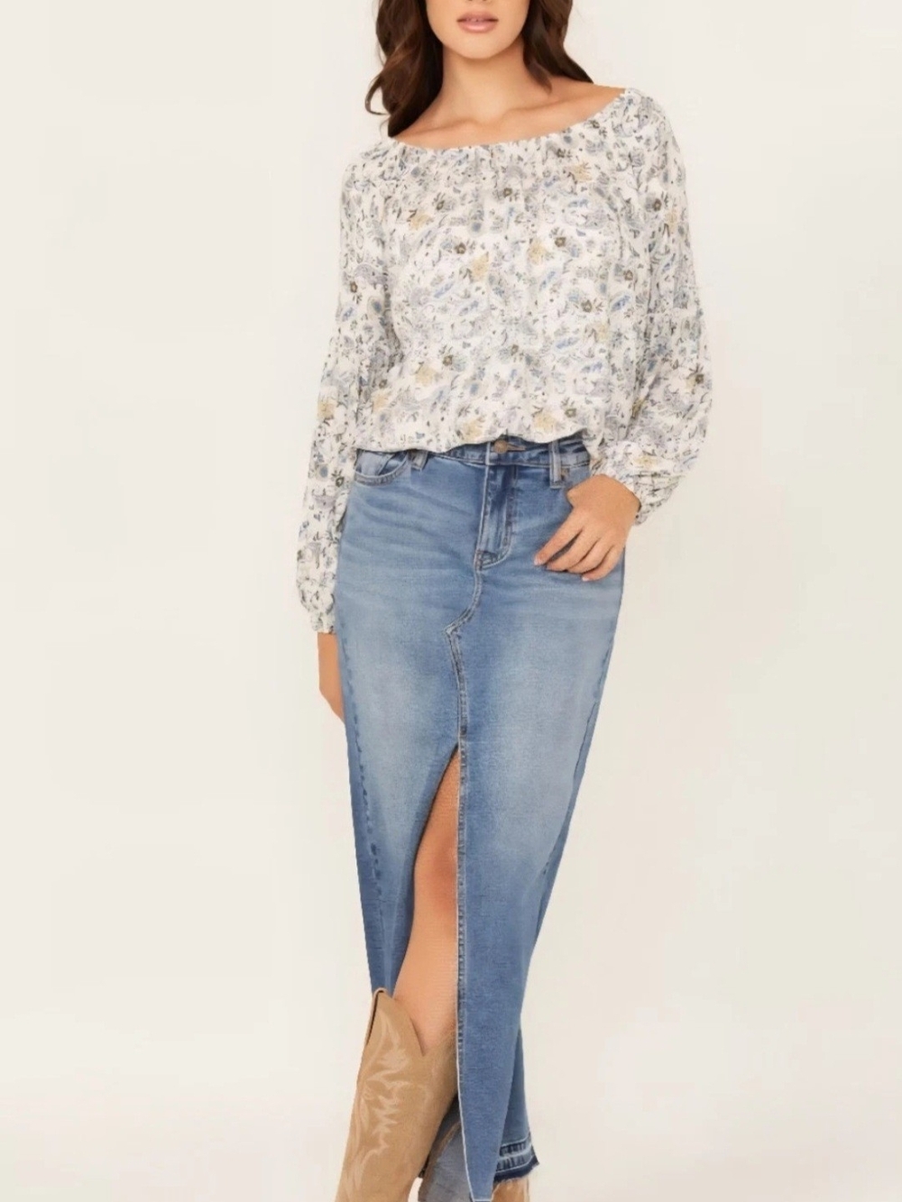 Shyanne Medina Medium Wash Mid Rise Maxi Denim Skirt 30